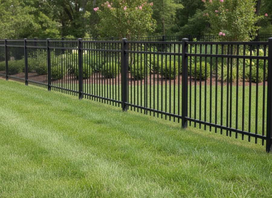 Black aluminum fencing along a landscaped lawn