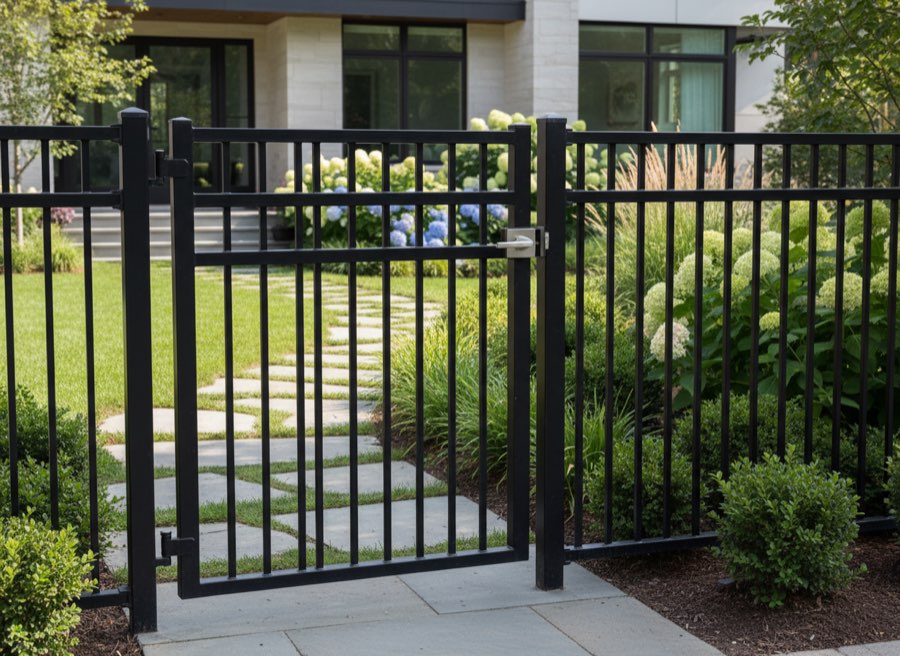 A black aluminum gate set in matching fence