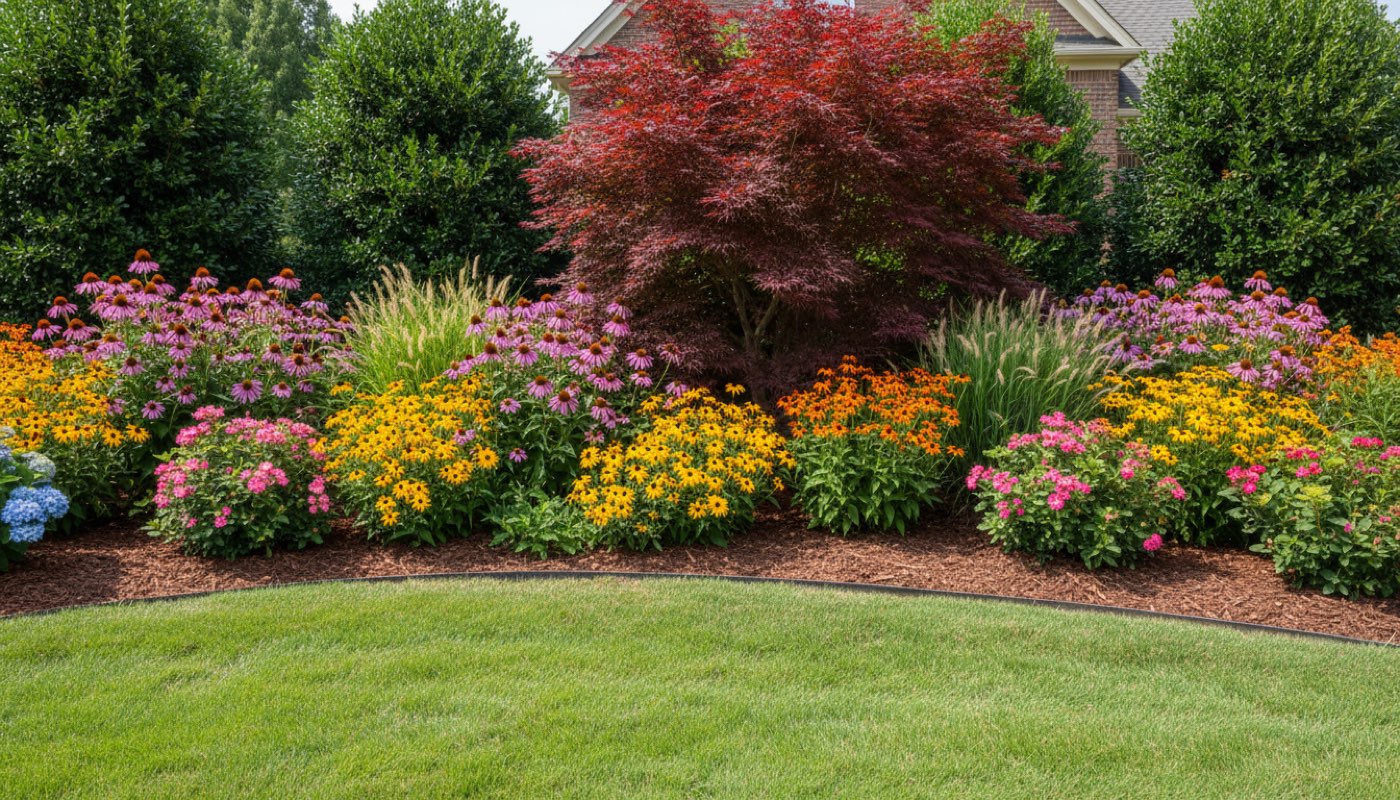 A layered East Tennessee planting bed in full seasonal color