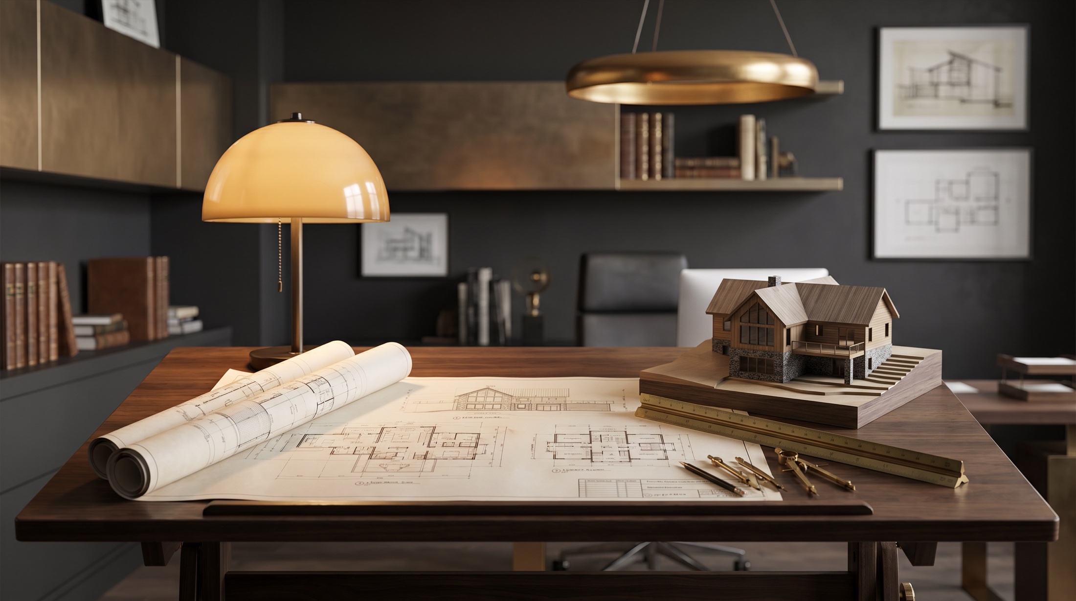 Architectural blueprints and a scale model of a mountain home on a drafting table